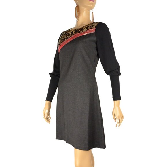 SAVE THE QUEEN DRESS LONG SLEEVE GRAY WITH ANIMAL PRINT ACCENT sz S / SMALL - Picture 3 of 8